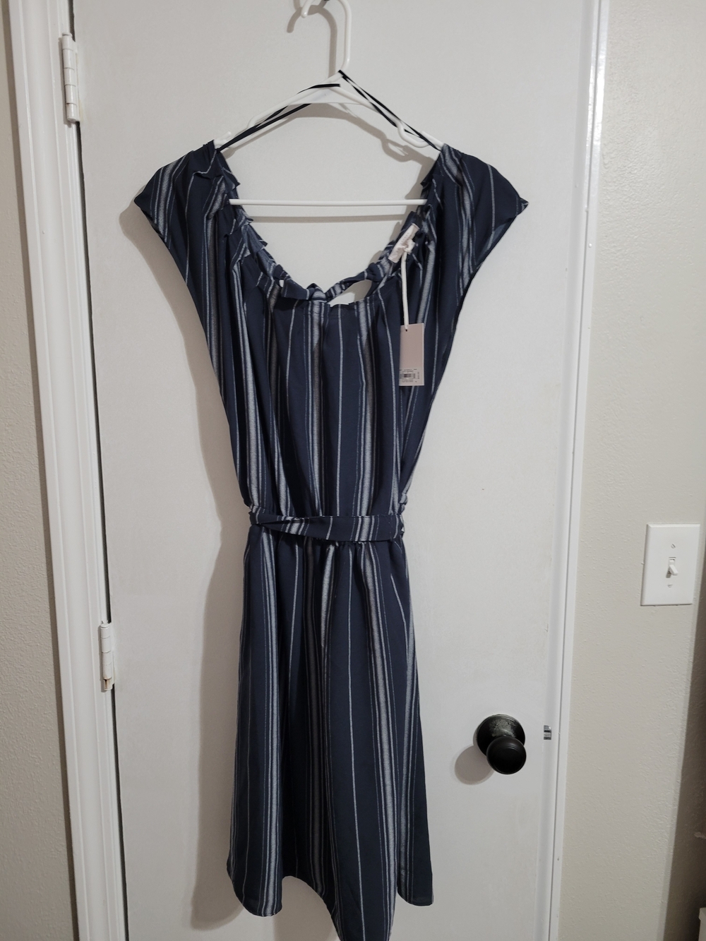 LC Lauren Conrad Navy and White Vertical Stripe Midi Dress with Belt